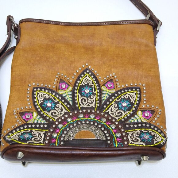 Montana West PU Leather Crossbody Bag Adjustable Stud Rhinestone Embroidered VTG - Picture 2 of 16
